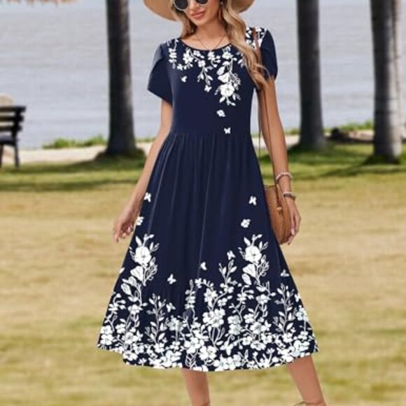 Summer Midi Dress Tiered Flowy A-Line Casual Elegant Beach Vacation Wear - Picture 4 of 8